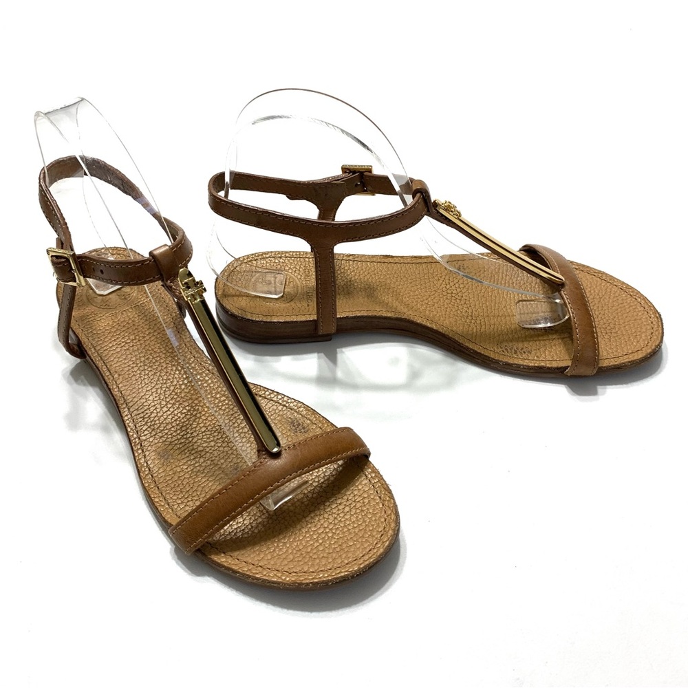 Women's Tan Leather T-Strap Sandals, Size 8 - Picture 2 of 15